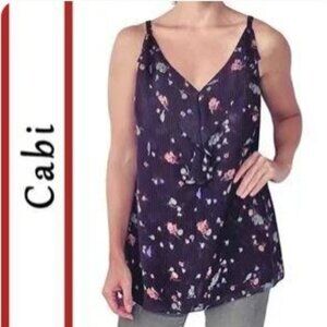 EUC - CAbi Navy w/Pink Pin Stripe Floral Flounced Camisole Top
